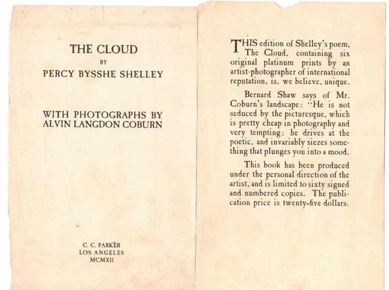 Item #24065 The Cloud. By Percy Bysshe Shelley. With photographs by Alvin Langdon Coburn. Alvin Langdon Coburn, Percy Bysshe Shelley.