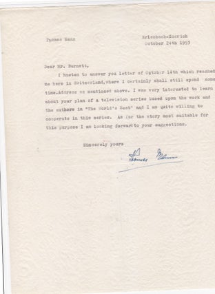 Item #24309 Typed letter signed, to Whit Burnett, Erlenbach-Zurich, Oct. 24, 1953. One page....