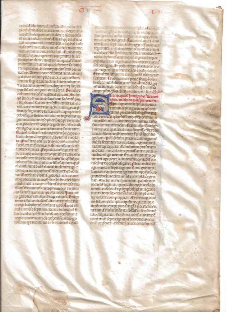 Item #28425 Vellum leaf from a Latin Bible. End of Book of Kings, beginning of Paralipomena (Chronicles)