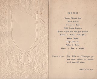Los Artistas Argentinos a Foujita. Homenaje de cordialidad y admiración. The handsome relief-printed menu for this testimonial dinner, signed by Foujita