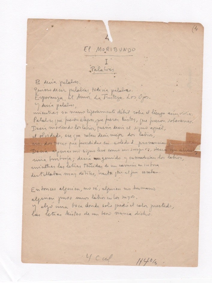 Item #29557 Manuscript poem: "El Moribundo: Palabras" Circa 1950. Vicente Aleixandre.