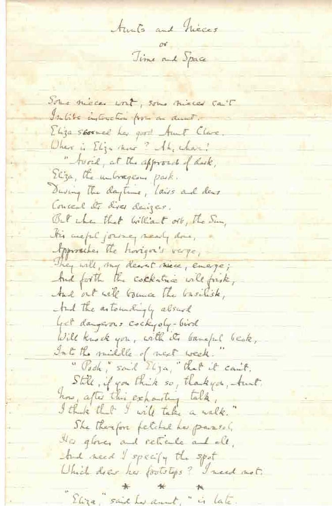 Item #32528 “Aunts and Nieces, or Time and Space.” Holograph manuscript poem of Housman’s long and grimly humorous poem, A. E. Housman.